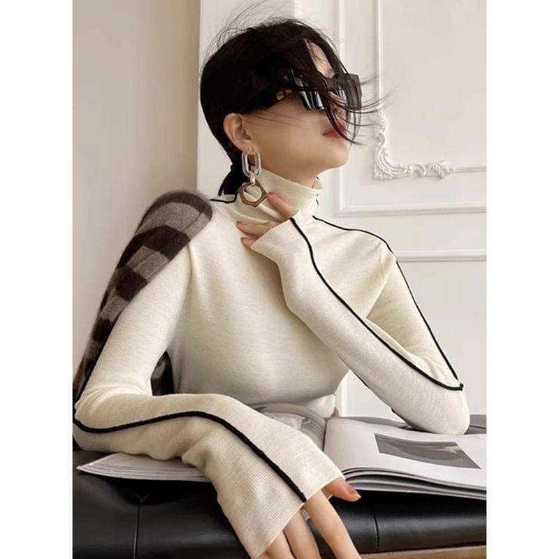 Long-Sleeve Turtleneck Striped Knit Top Product Image