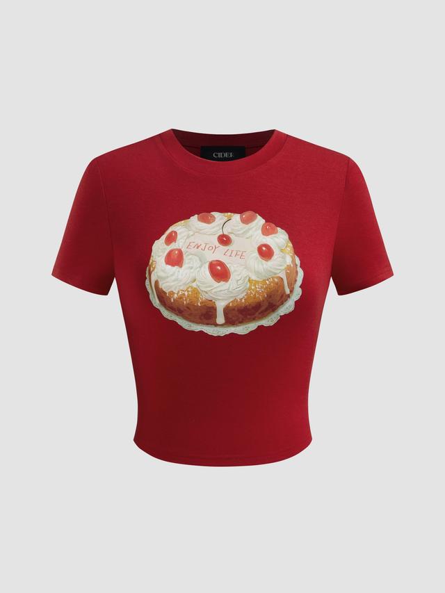 Round Neckline Cake Graphic Crop Short Sleeve Tee Product Image