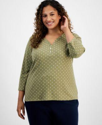 Plus Size Printed Henley 3/4-Sleeve Top, Created for Macy's Product Image