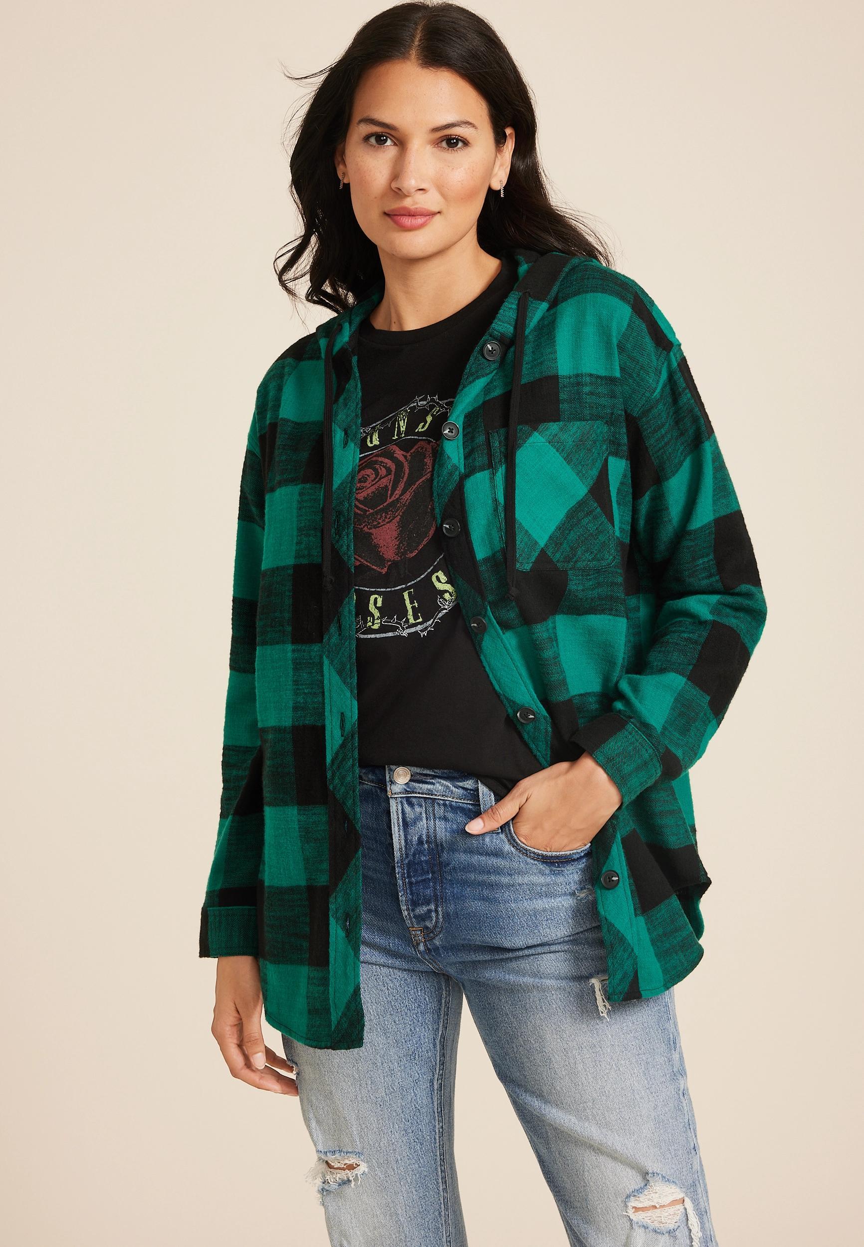 Maurices Womens Cabin Plaid Boyfriend Hooded Button Down Shirt Size Medium Product Image