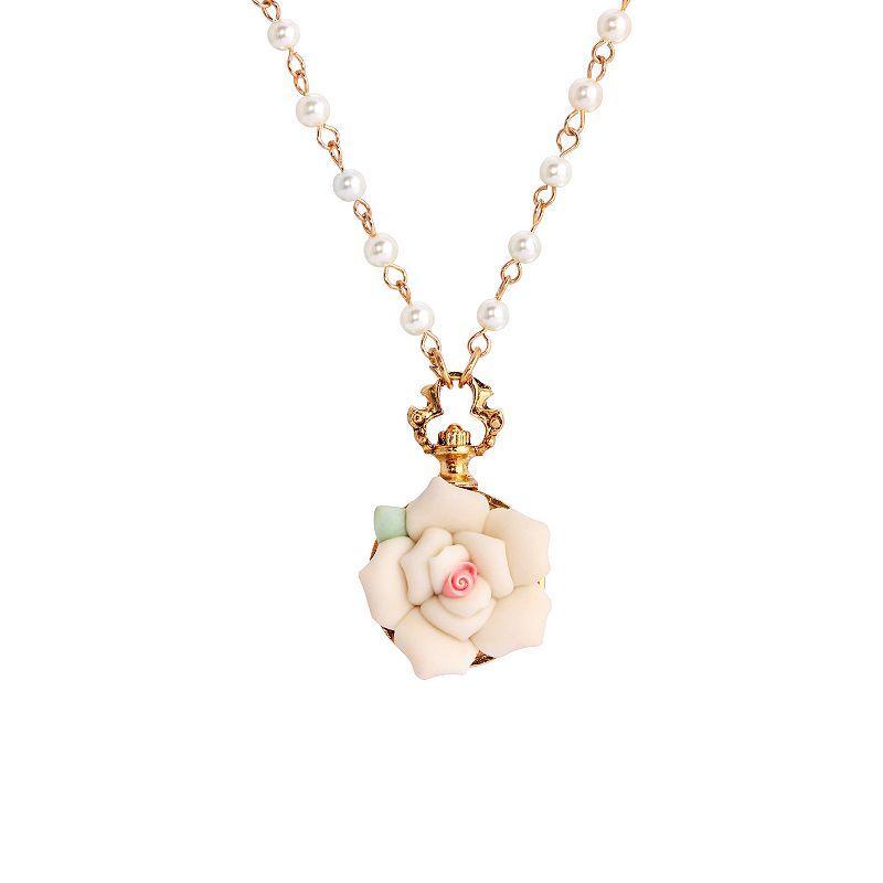 1928 Gold Tone Flower With Simulated Pearl Necklace, Womens, White Product Image