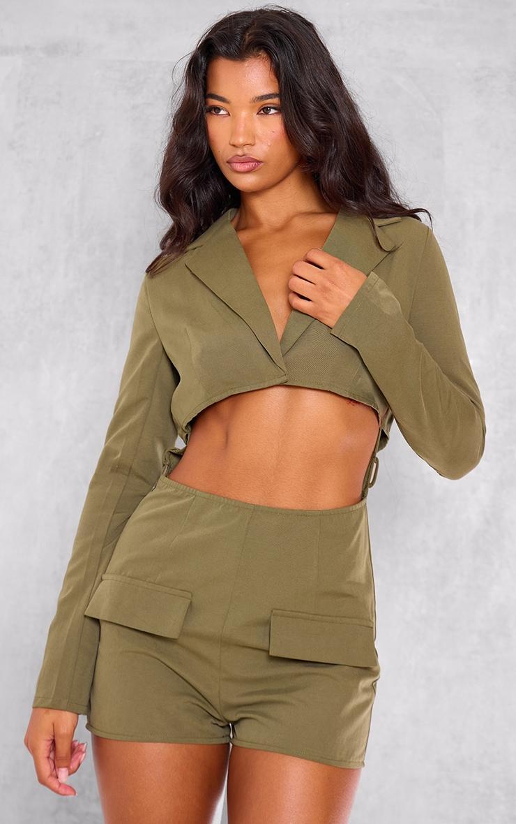 Dark Khaki Tailored Woven Long Sleeve Romper Product Image