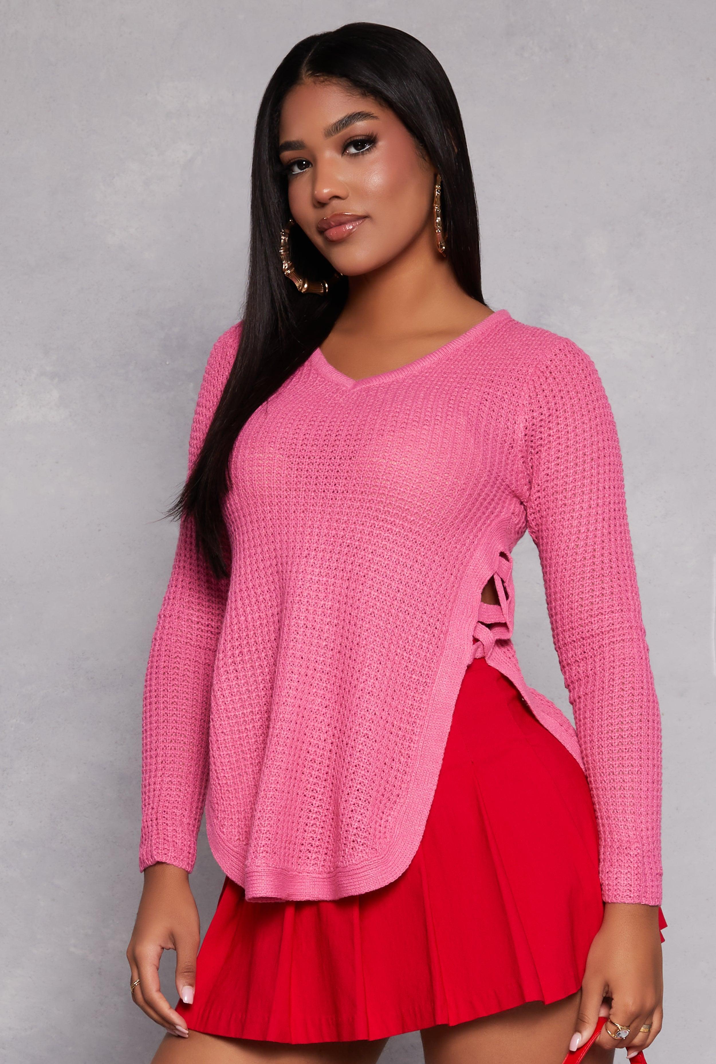 Womens Waffle Knit V Neck Caged Side Sweater Product Image