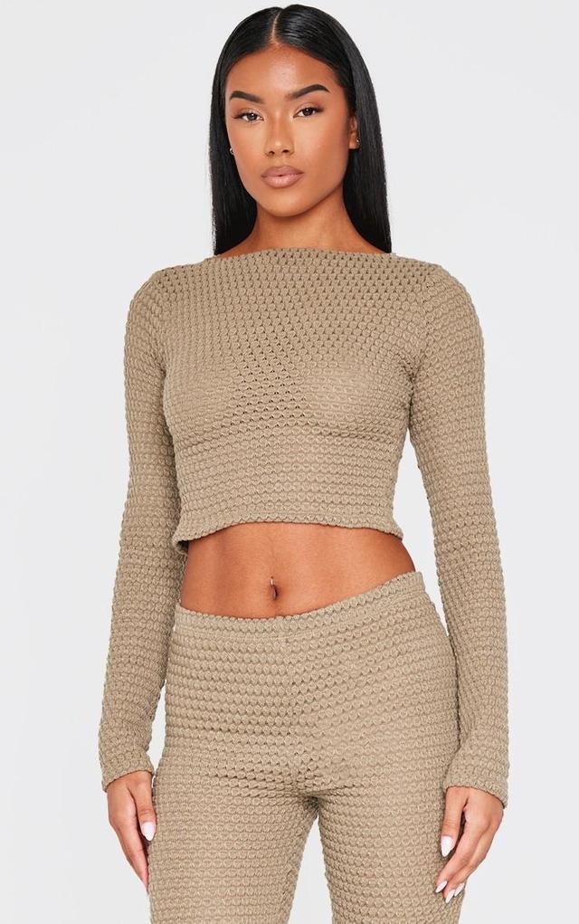 Khaki Textured Boat Neck Long Sleeve Top Product Image