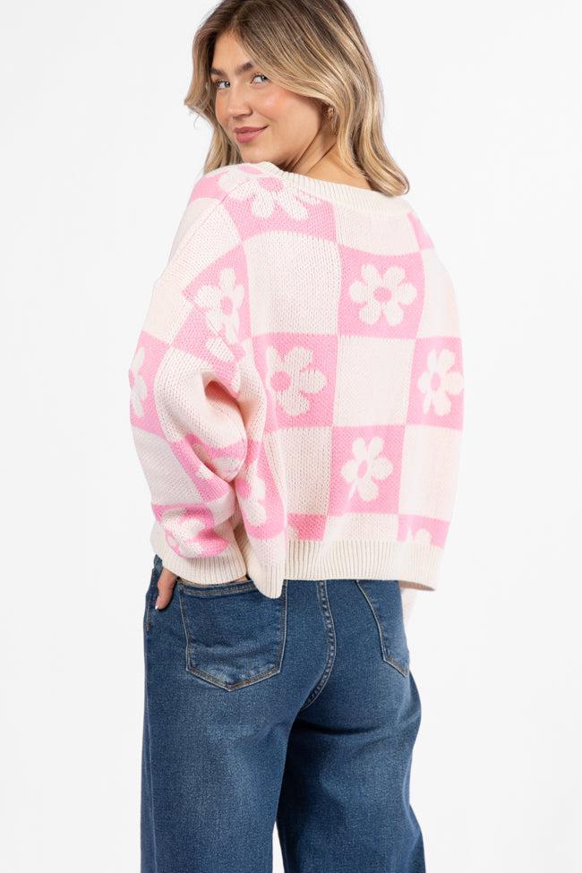 Found A New Way Pink V-Neck Checkered Flower Sweater FINAL SALE Product Image