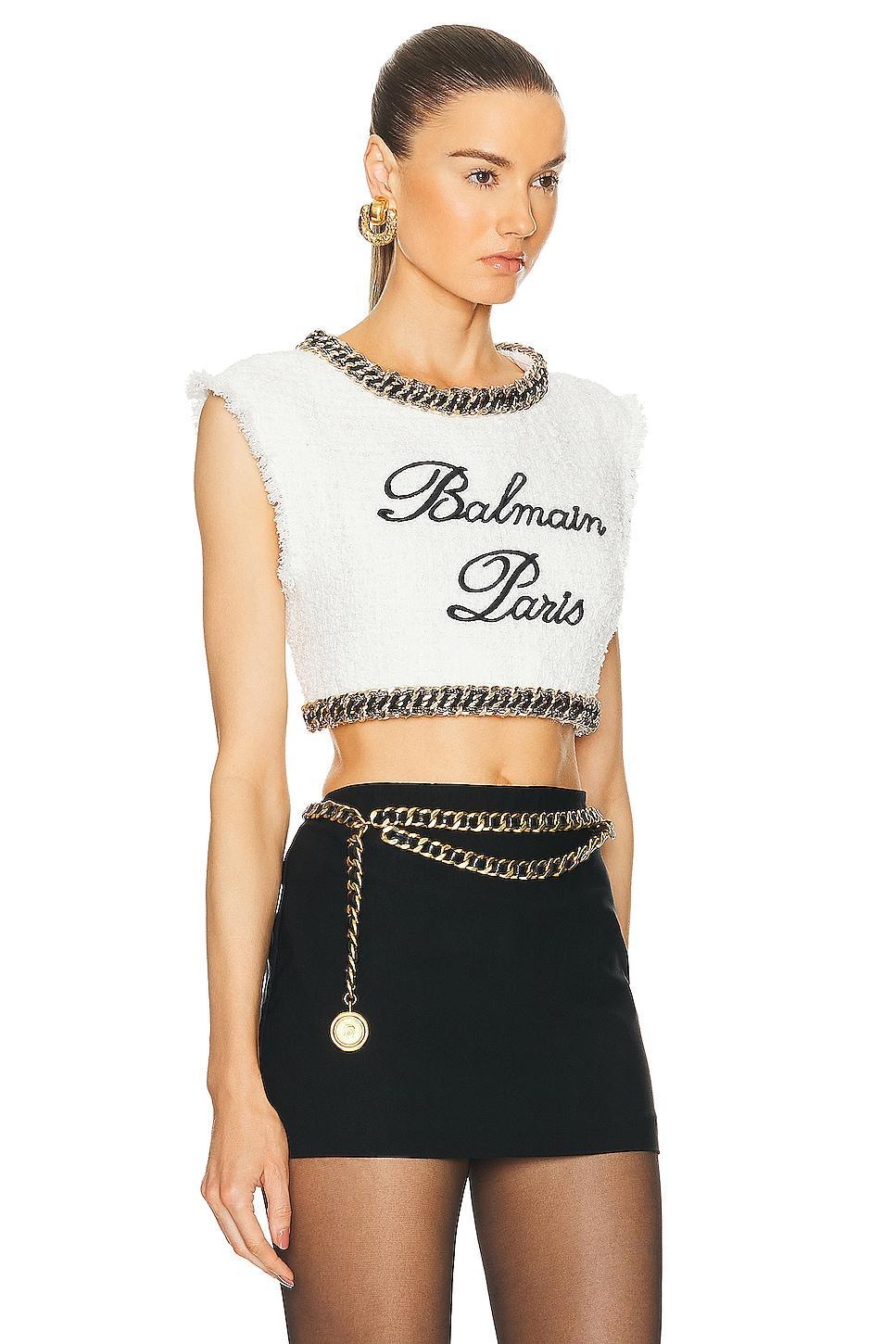 BALMAIN Signature Embroidered Tweed Crop Top White. (also in ). Product Image