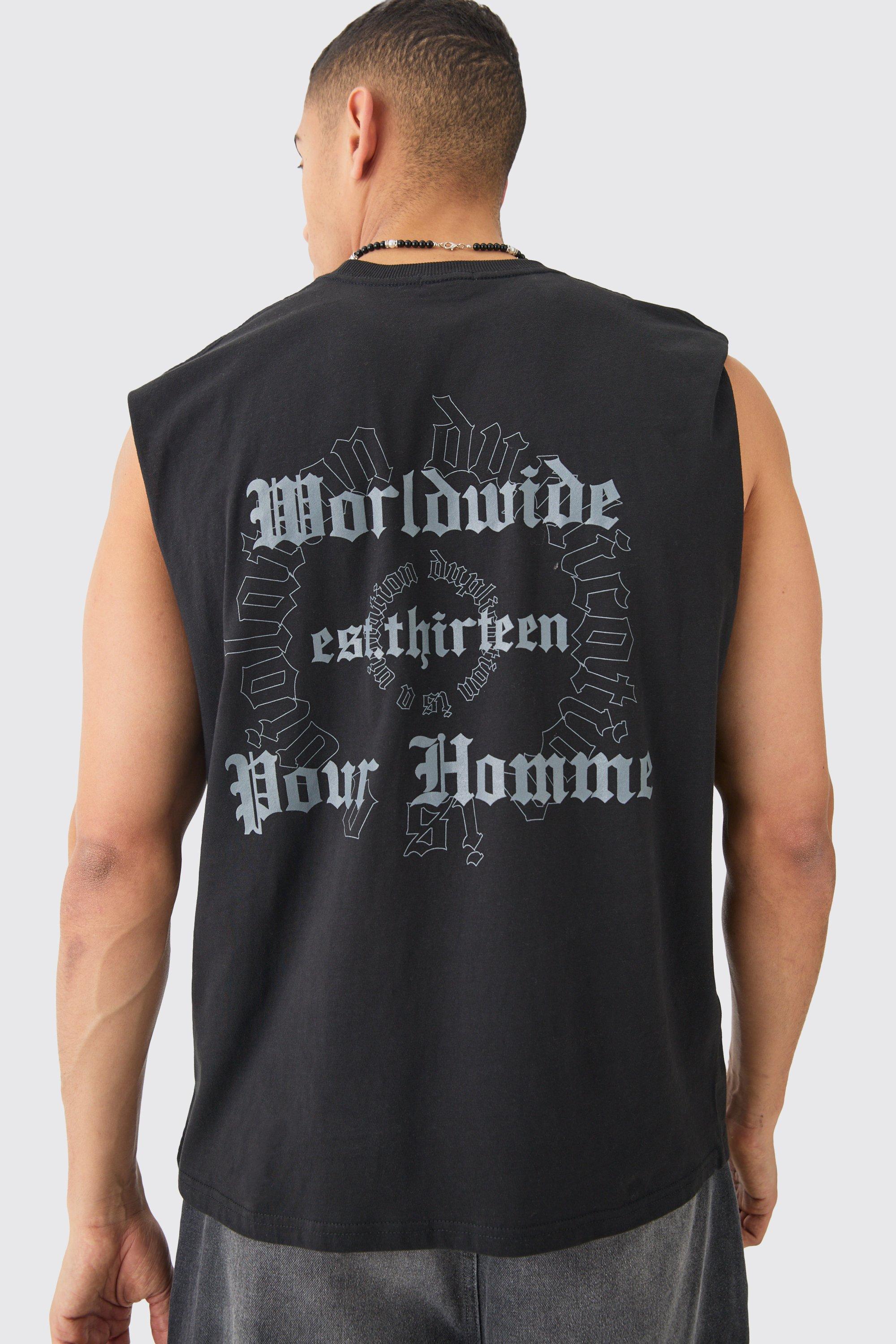 Mens Black Oversized Worldwide Text vest, Black Product Image