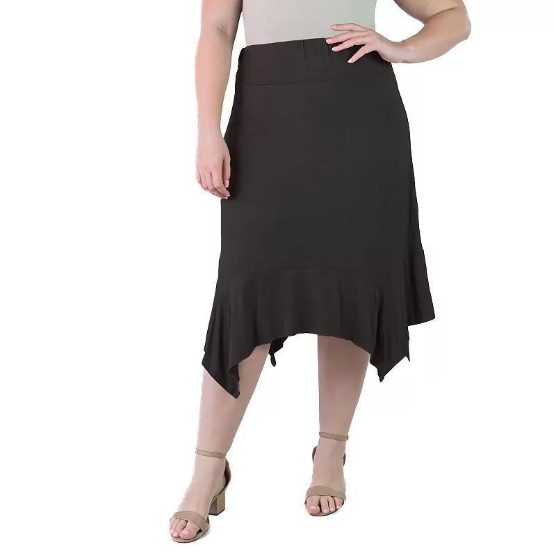 Plus Size 24Seven Comfort Apparel Solid Elastic Waist Handkerchief Midi Skirt, Womens Product Image