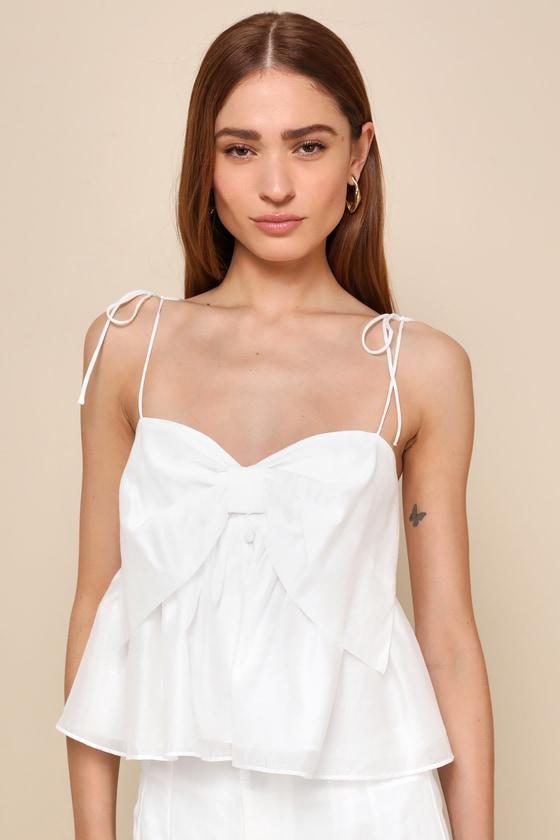 Ideal Cuteness White Bow-Front Tie-Strap Cropped Cami Top Product Image