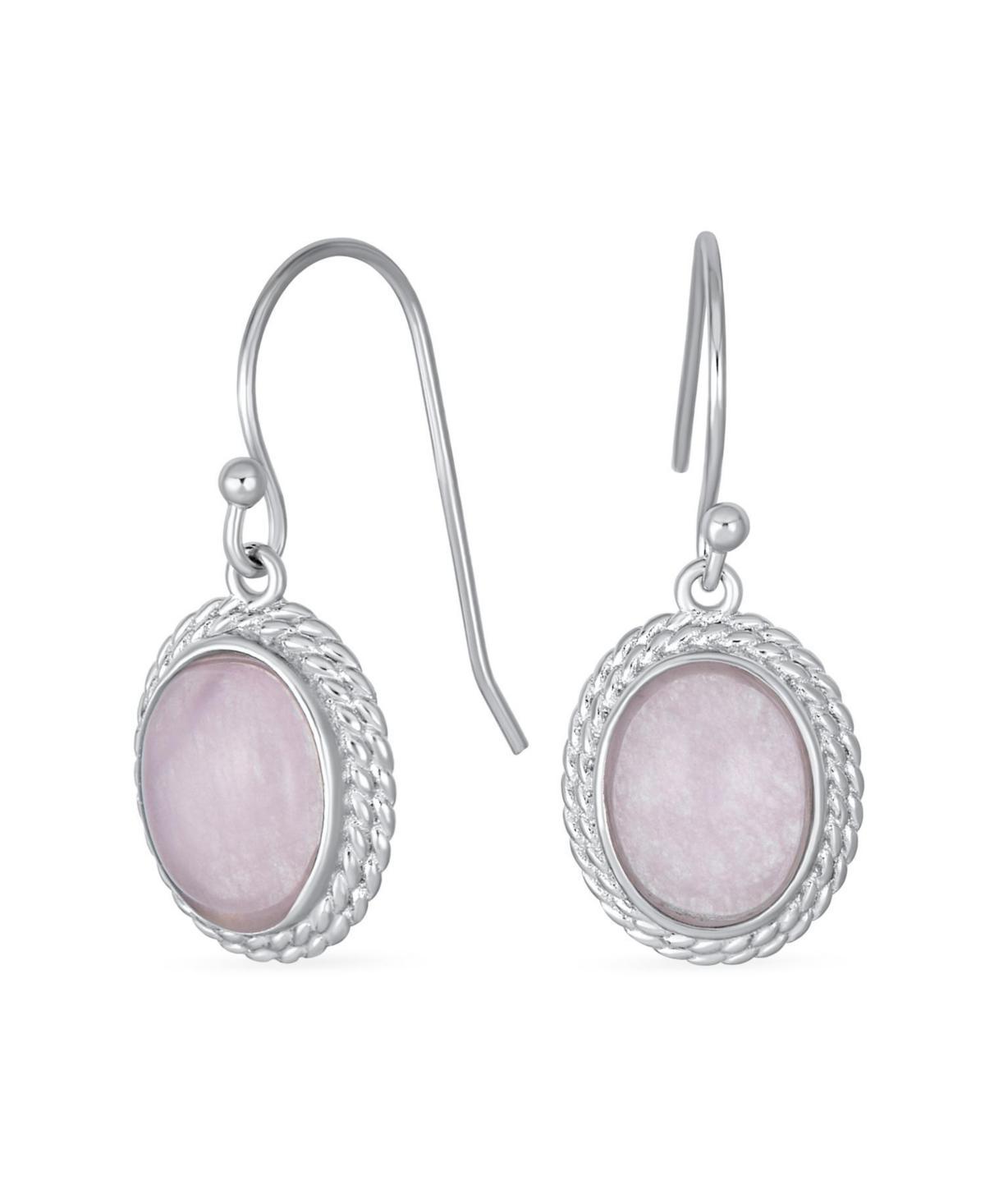 Western Style Pink Quartz Milgrain Cable Edge Oval Gemstone Drop Earrings For Women .925 Sterling Silver Wire Fish Hook Product Image