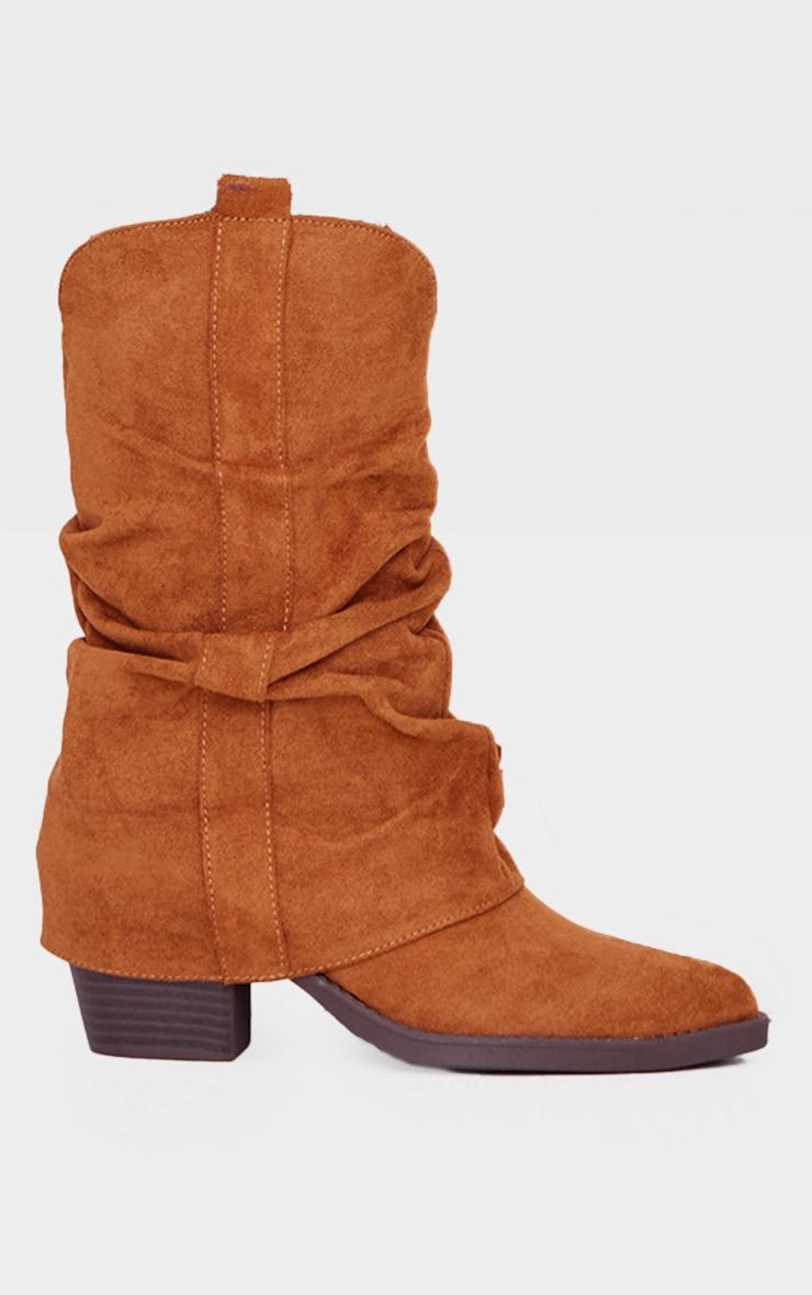 Chestnut Faux Suede Point Toe Slouchy Fold Over Calf High Western Boots Product Image