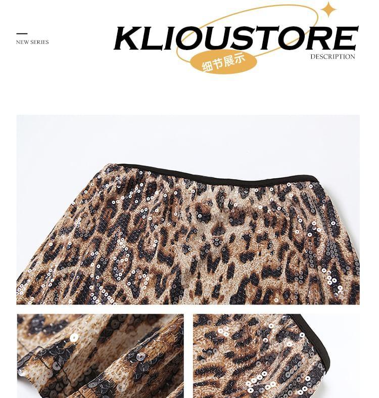 High Waist Leopard Print Sequin Midi Pencil Skirt Product Image