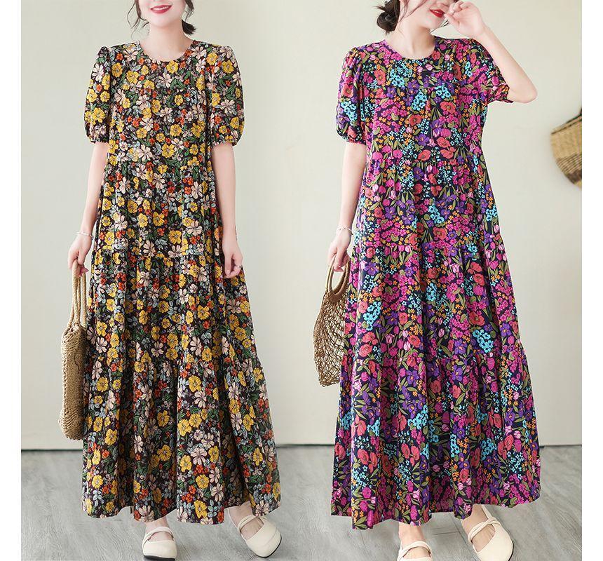 Short-Sleeve Floral Maxi A-Line Dress Product Image