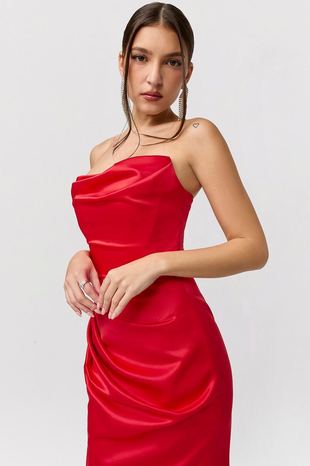 Adrienne Scarlet Satin Strapless Gown Product Image