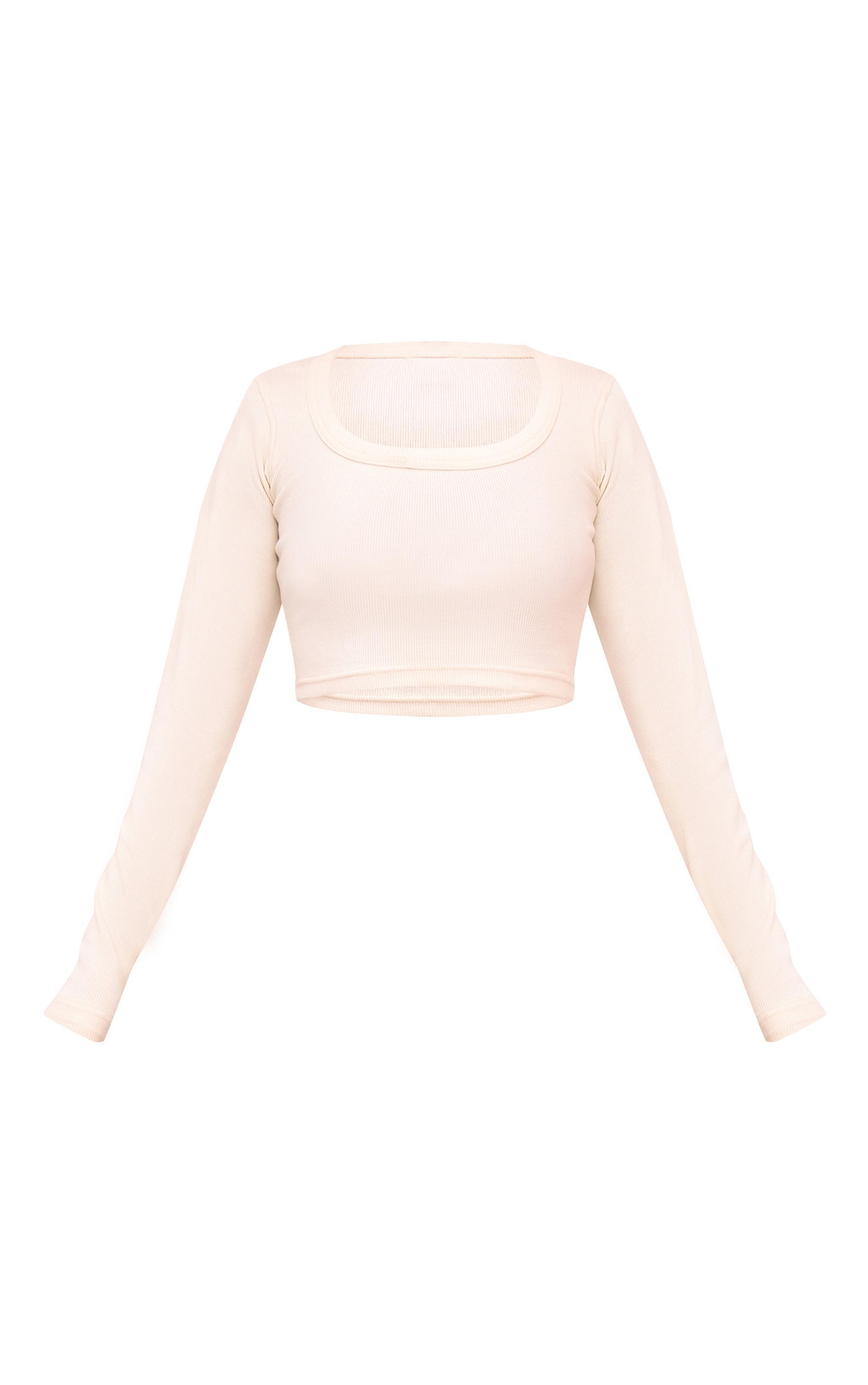 Cream Rib Scoop Neck Long Sleeve Crop Top Product Image