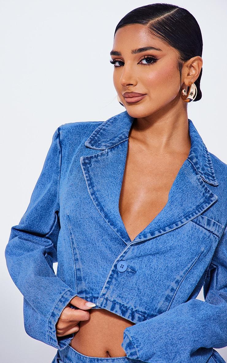 Petite Blue Cropped Denim Blazer Product Image