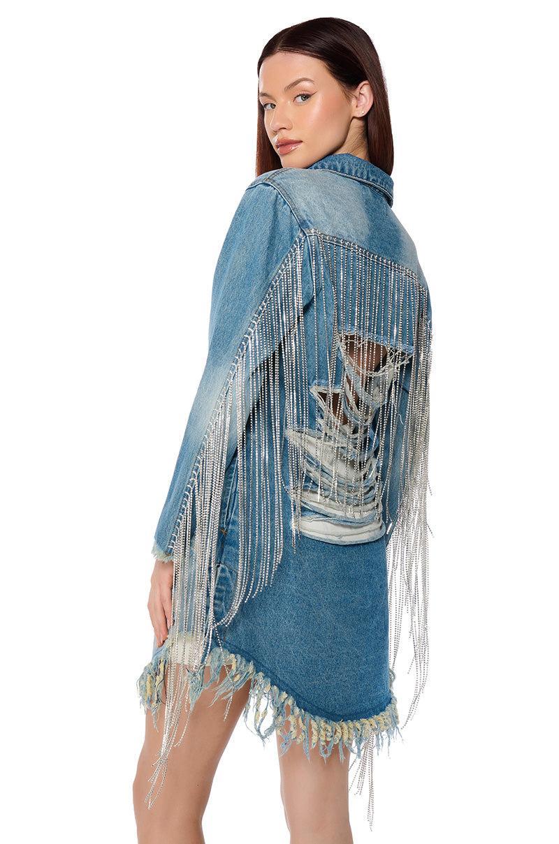 DOLLYS SIS RHINESTONE LONG DENIM JACKET Product Image