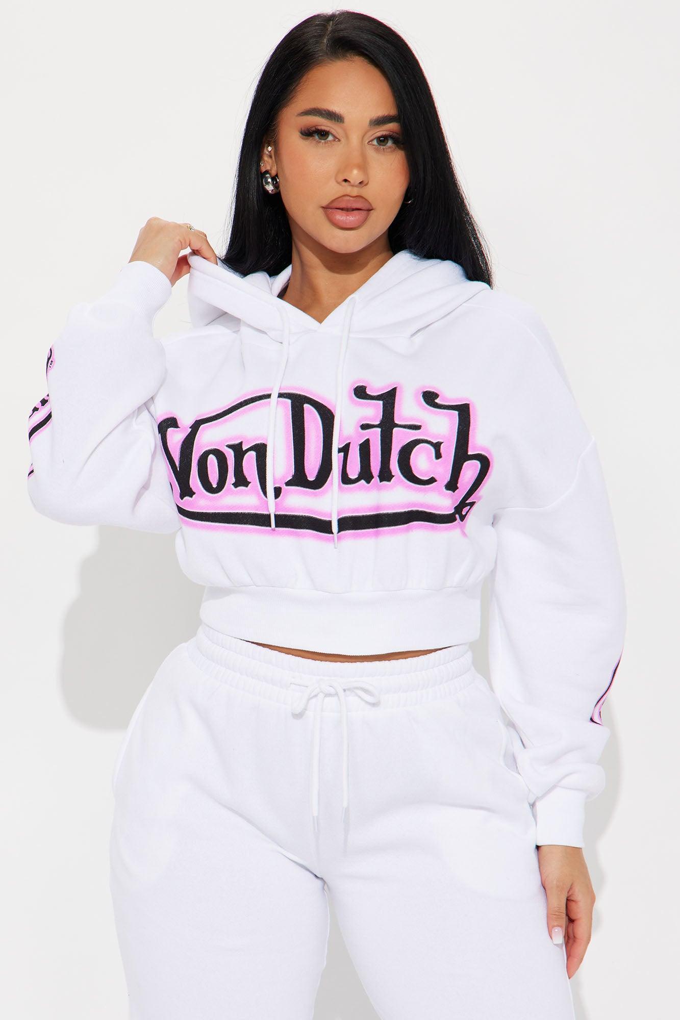 Von Dutch Graffiti Cropped Hoodie - White/Pink Product Image