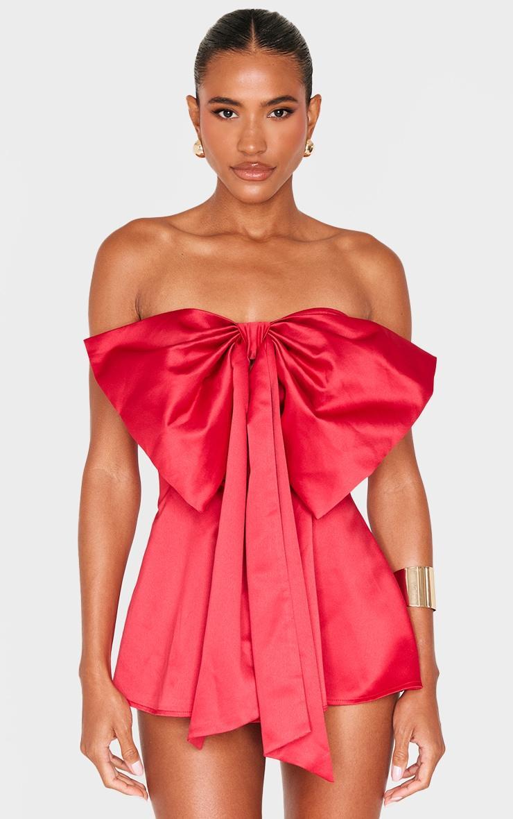 Red Satin Oversized Bow Bandeau Romper Product Image