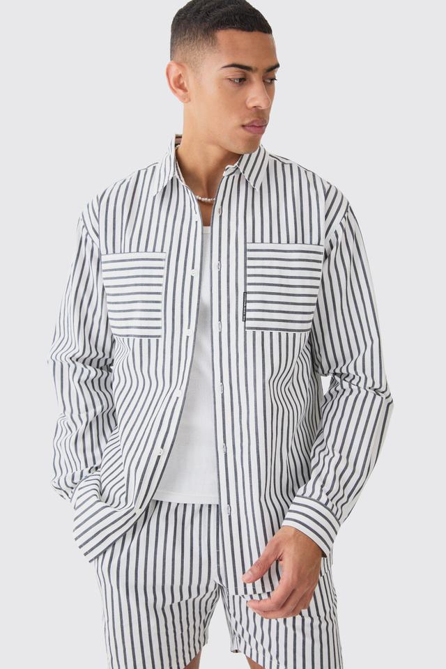 Long Sleeve Oversized Tab Stripe Shirt | boohooMAN USA Product Image