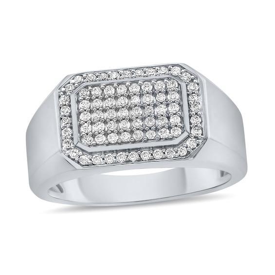 Men's 1/2 CT. T.w. Multi-Diamond Rectangle-Top Signet Ring in Sterling Silver Product Image