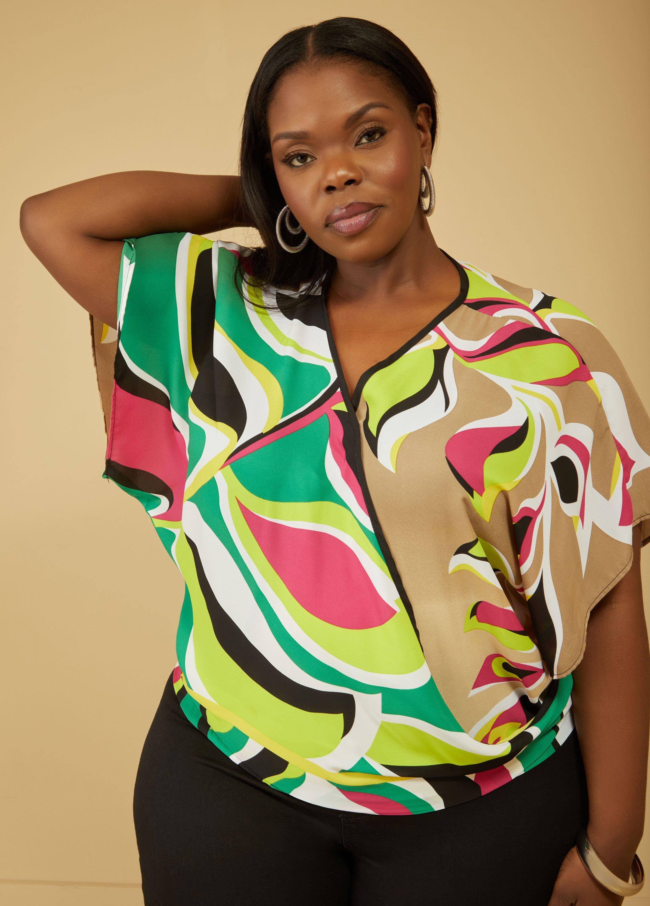 Plus Size Leaf Print Faux Wrap Blouse, - Ashley Stewart Product Image