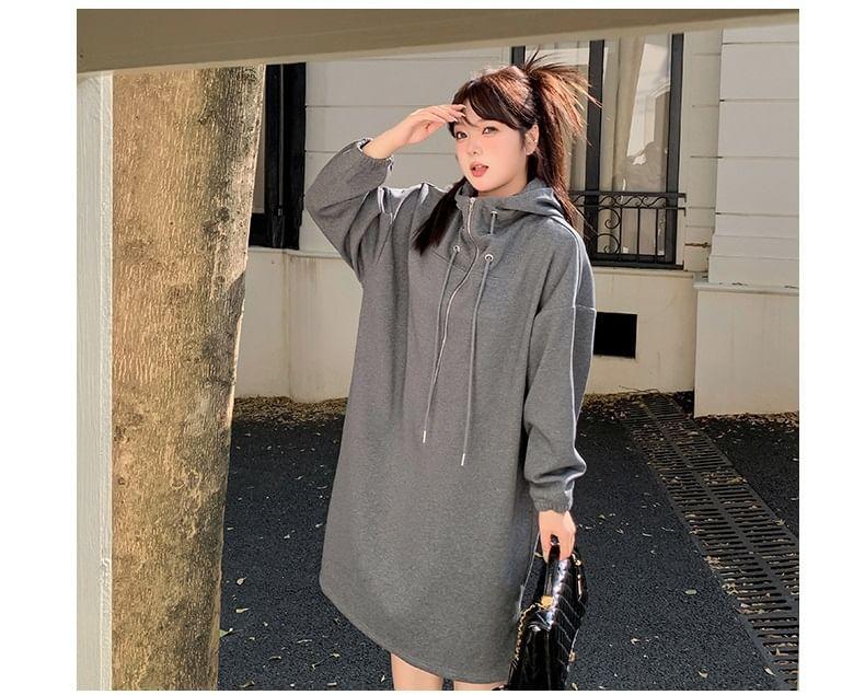 Plus Size Long-Sleeve Half-Zip Hoodie Dress Product Image