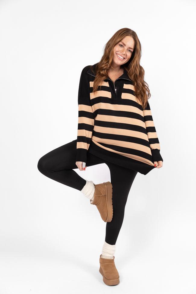 Pulling Heartstrings Black And Tan Striped Quarter Zip Pullover FINAL SALE Product Image