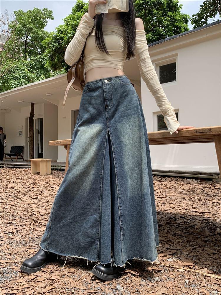 High Rise Frayed Denim Maxi A-Line Skirt Product Image