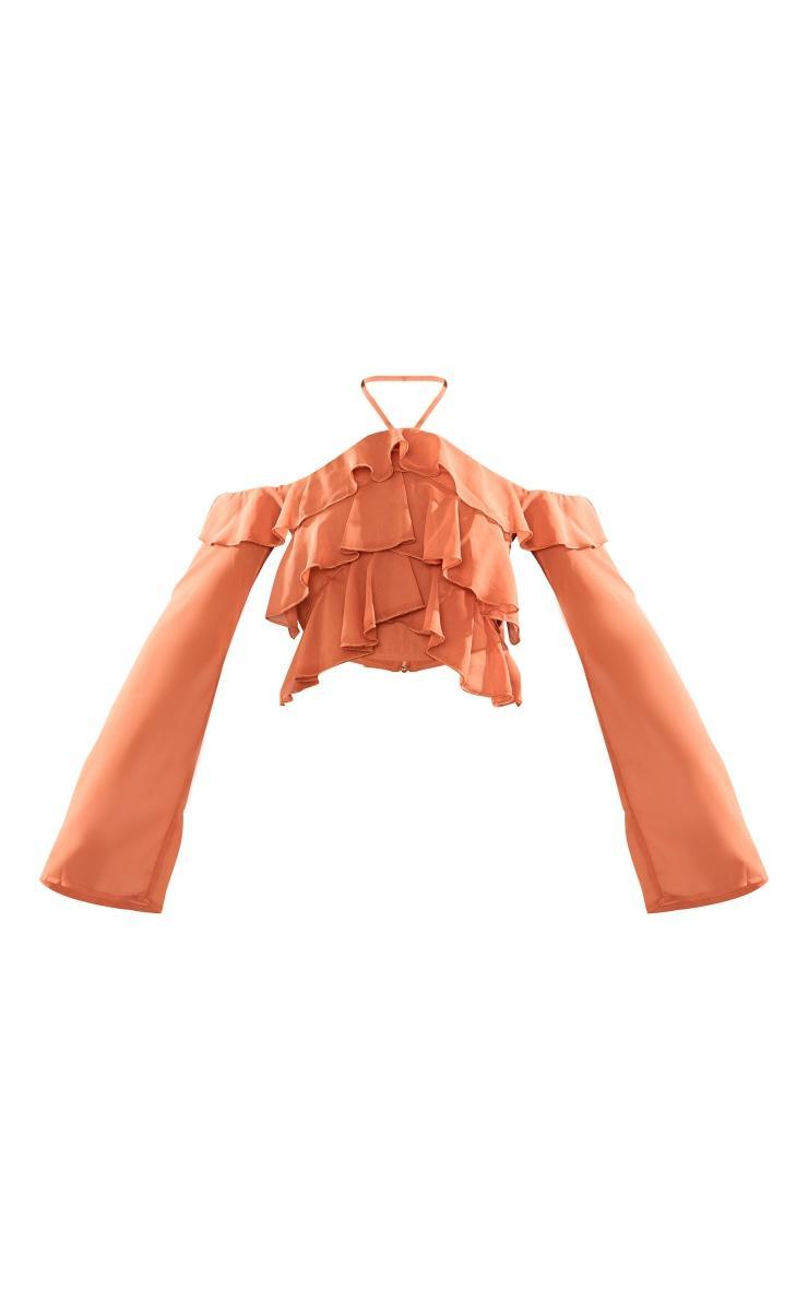 Brown Halter Neck Ruffle Detail Bardot Sleeve Top Product Image