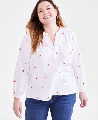 Plus Size Cotton Printed Long-Sleeve Top, Created for Macy's Product Image