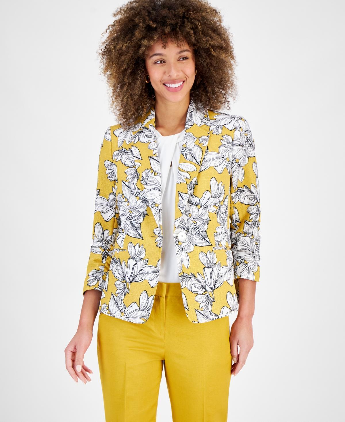 Kasper Womens Floral-Print 3/4-Sleeve Textured Jacket Product Image