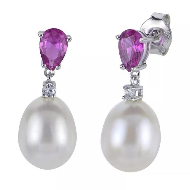 PearLustre by Imperial Sterling Silver Freshwater Cultured Pearl & Lab-Created Pink and White Sapphire Drop Earrings, Womens Product Image