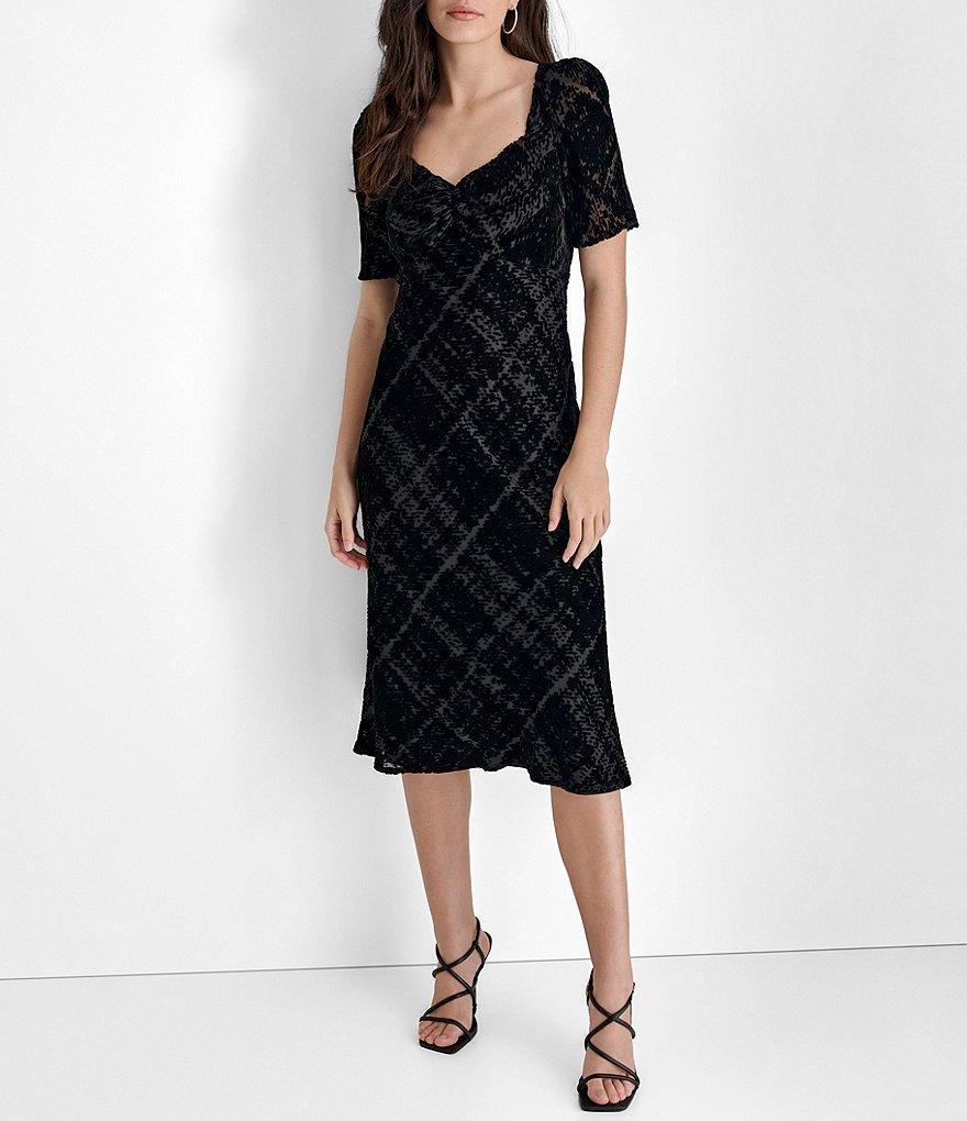 DKNY by Donna Karan Printed Knit Sweetheart Neck Short Sleeve Shirred Midi Dress Product Image