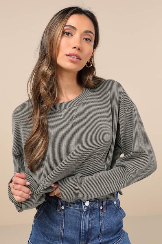 Relaxed Attitude Olive Textured Ribbed Long Sleeve Crop Top Product Image