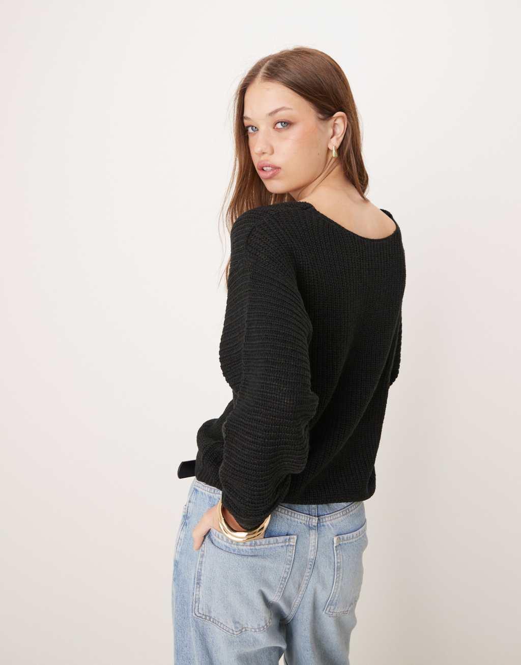 JDY reversible ribbed knit sweater in black Product Image