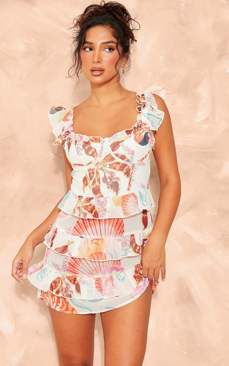 Petite White Print Ruffle Detail Mini Dress Product Image