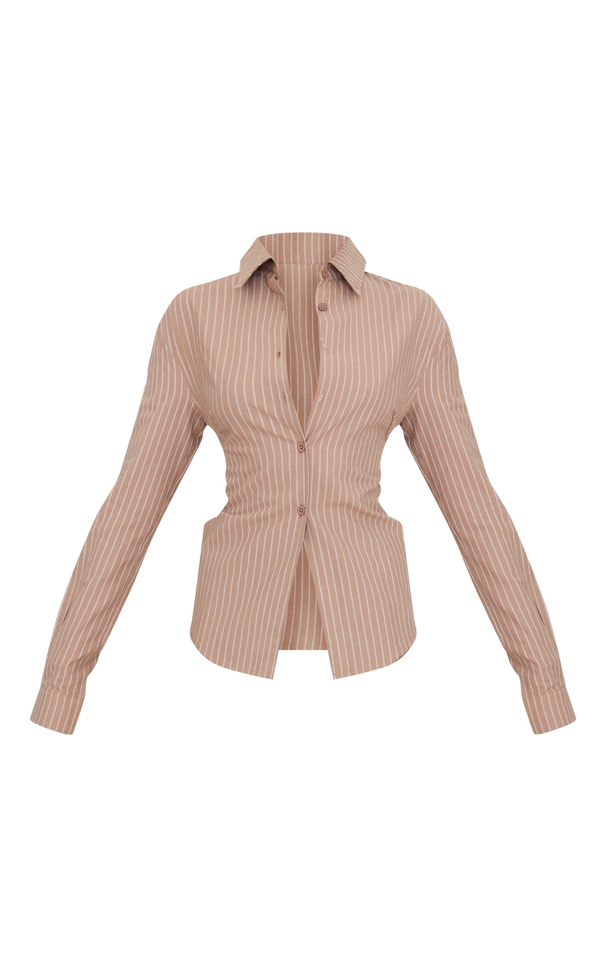 Taupe Striped Fitted Open Tie Back Shirt Product Image