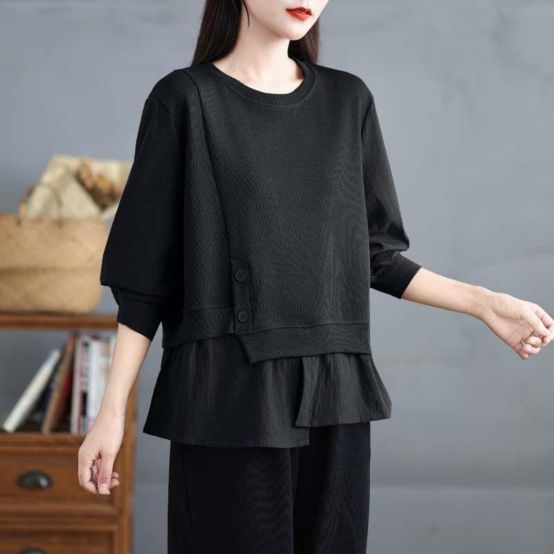 Long-Sleeve Crewneck Asymmetrical Plain Knit Top Product Image