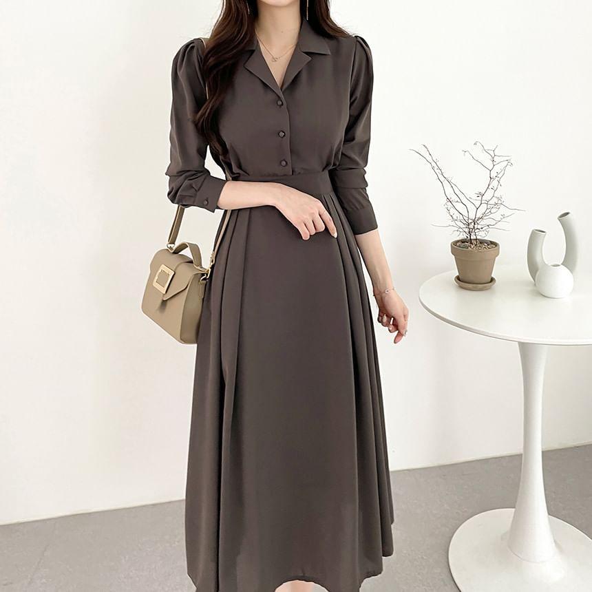 Long-Sleeve Plain Midi A-Line Shirt Dress Product Image