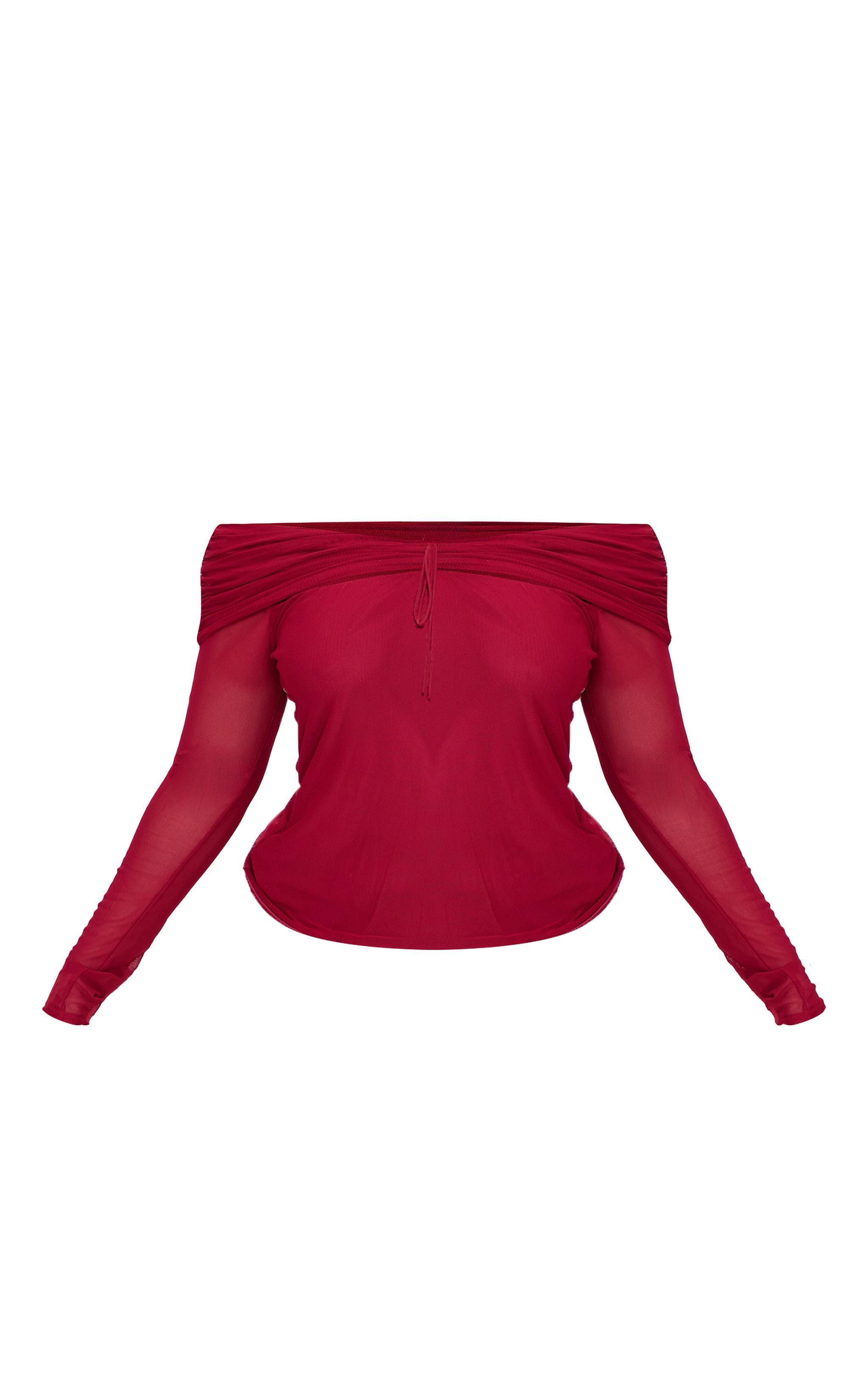 Plus Burgundy Cut Out Bardot Long Sleeve Top Product Image