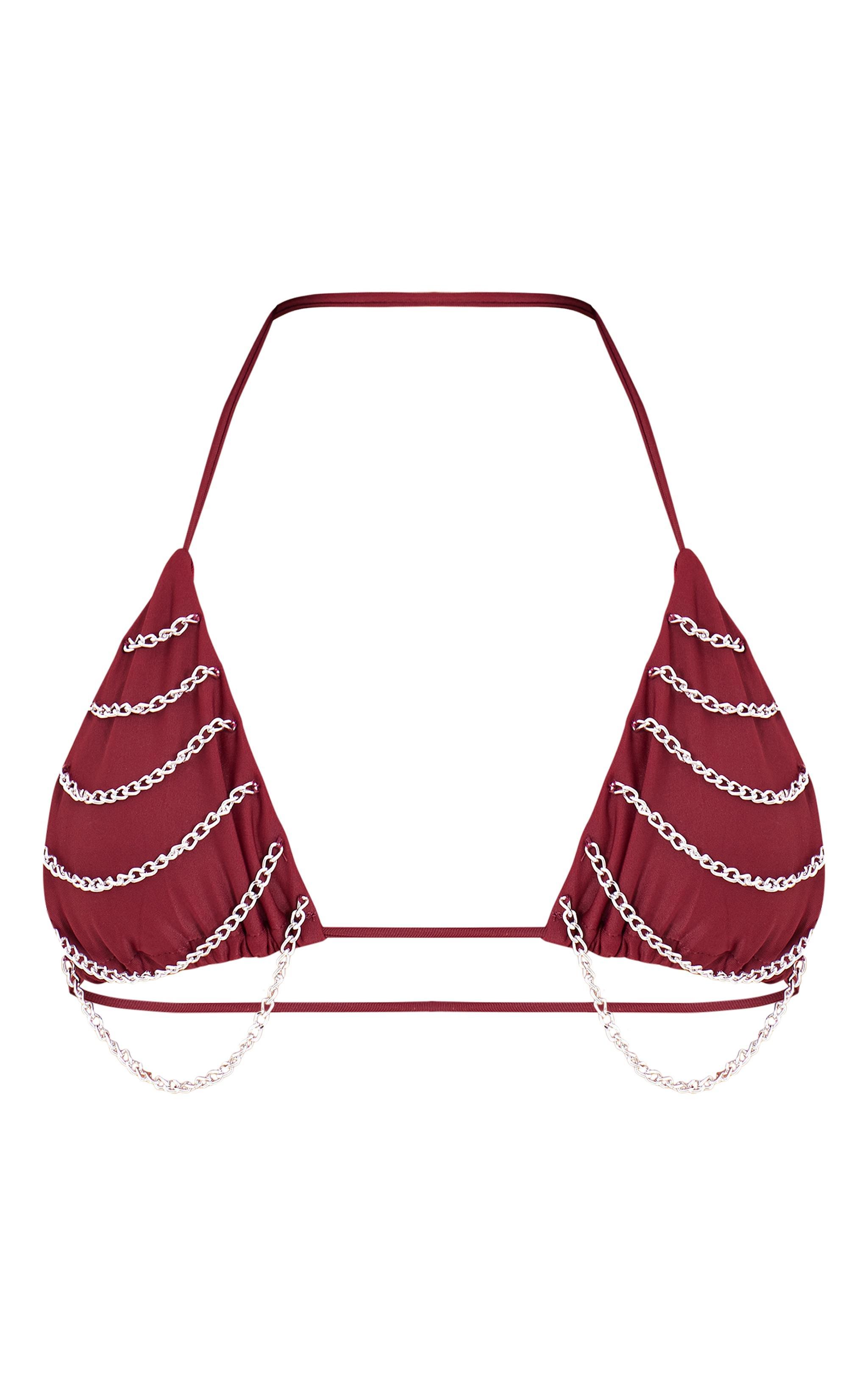 Burgundy Chain Detail Triangle Bikini Top Product Image