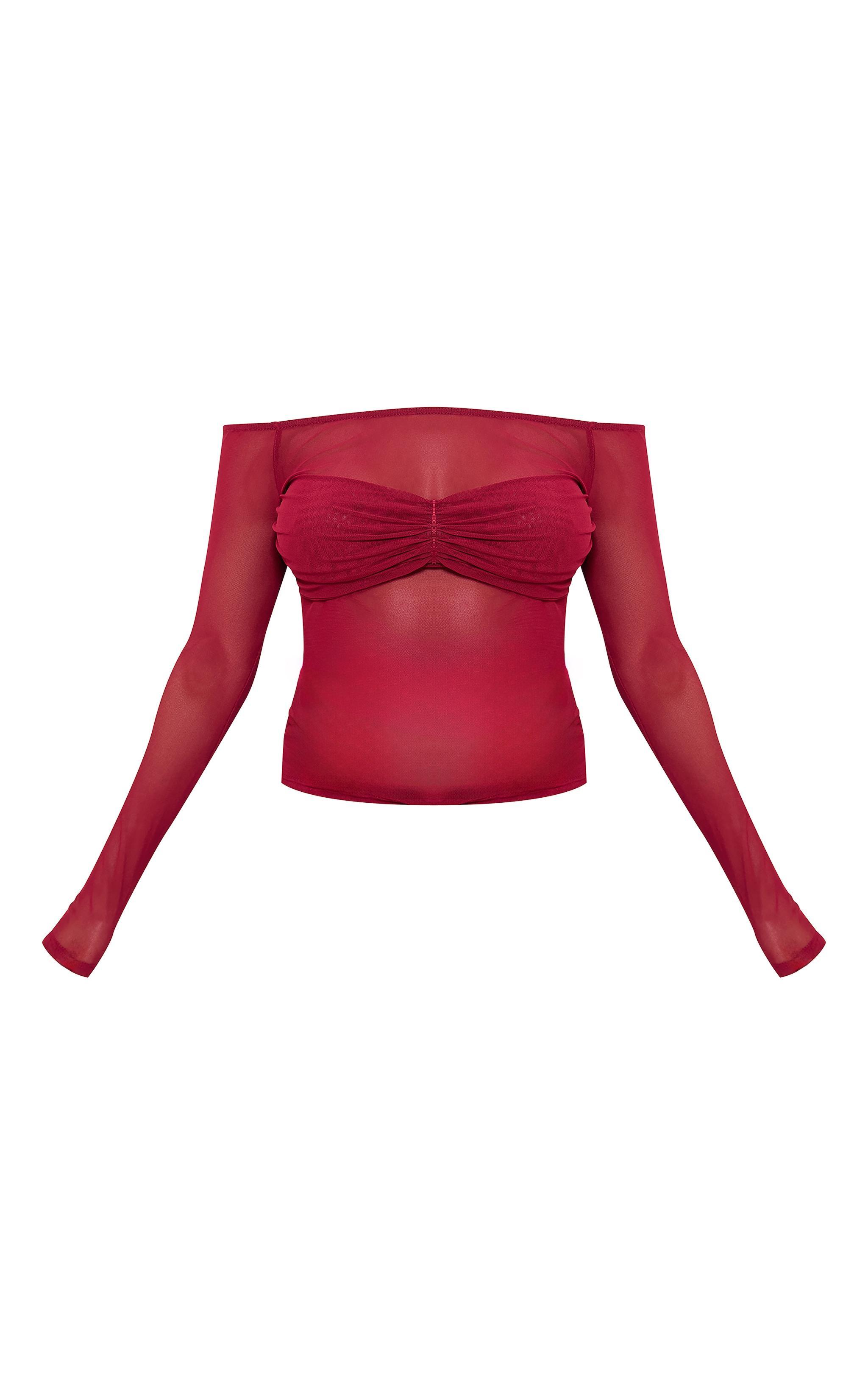 Burgundy Mesh Bardot Ruched Bust Detail Long Top Product Image