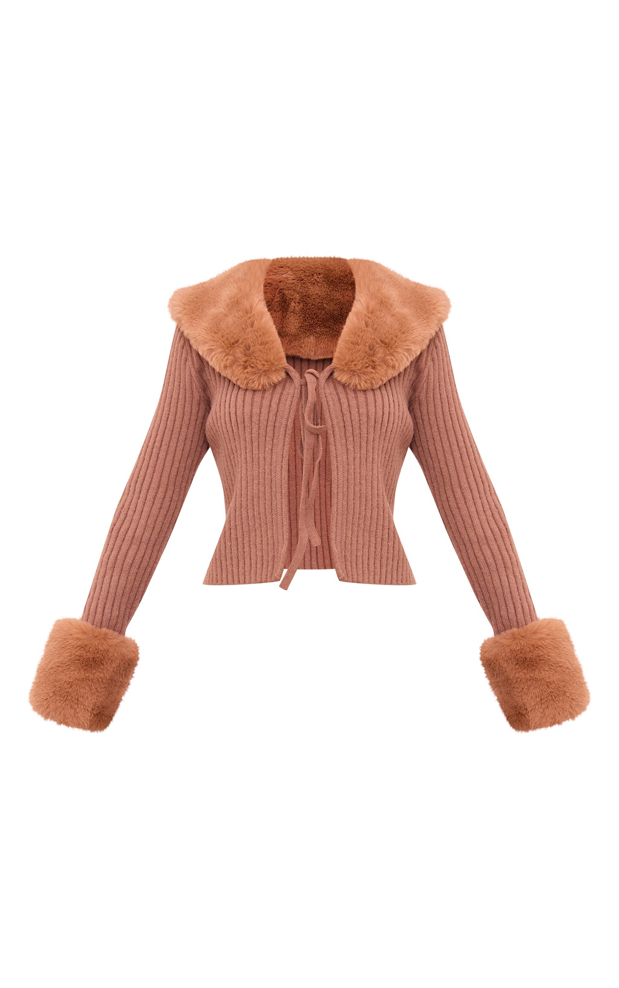 Chocolate Faux Fur Trim Detail Tie Front Top Product Image