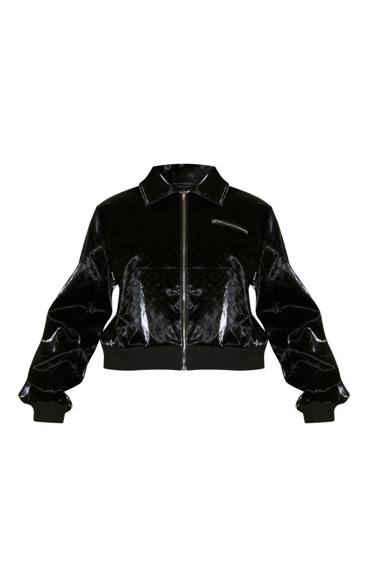 Black Patterned High Shine Faux Leather Jacket Product Image