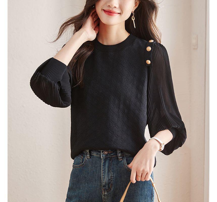 Long-Sleeve Crew Neck Plain Jacquard Mesh Panel Buttoned Blouse Product Image