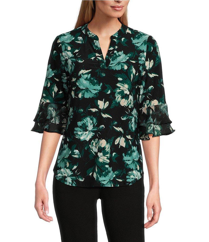 Kasper Petite Size Floral Print Split V-Neck 3/4 Flutter Sleeve Tunic product image