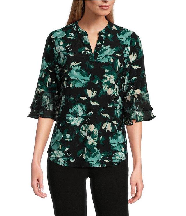 Kasper Petite Size Floral Print Split V-Neck 3/4 Flutter Sleeve Tunic Product Image