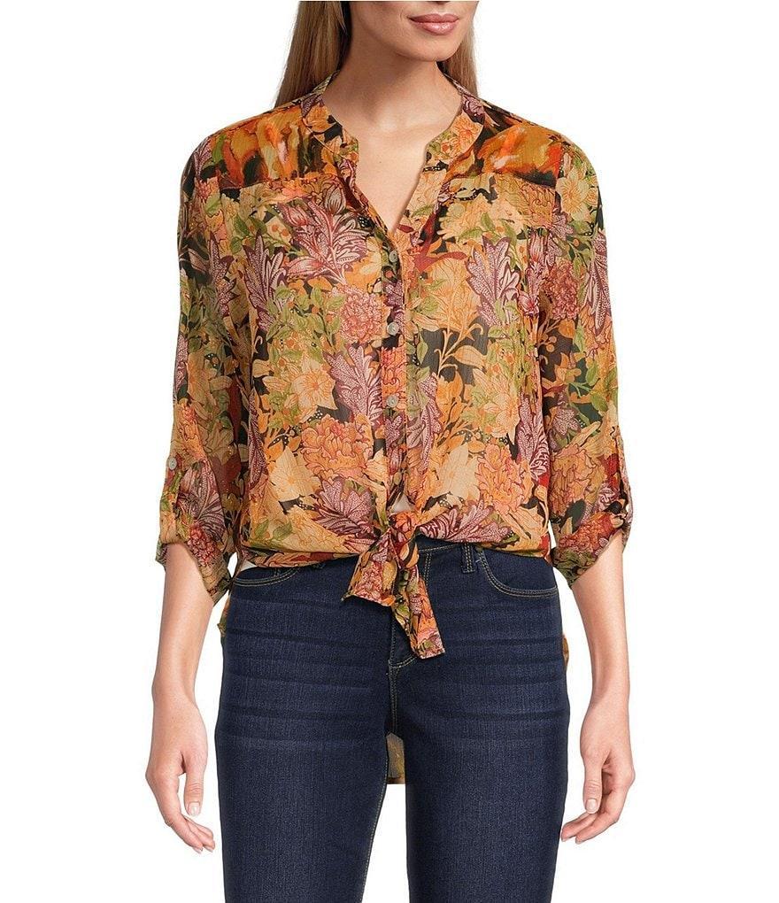 Figueroa & Flower Woven Printed Band Y-Neck 3/4 Roll-Tab Sleeve Button Front Blouse Product Image