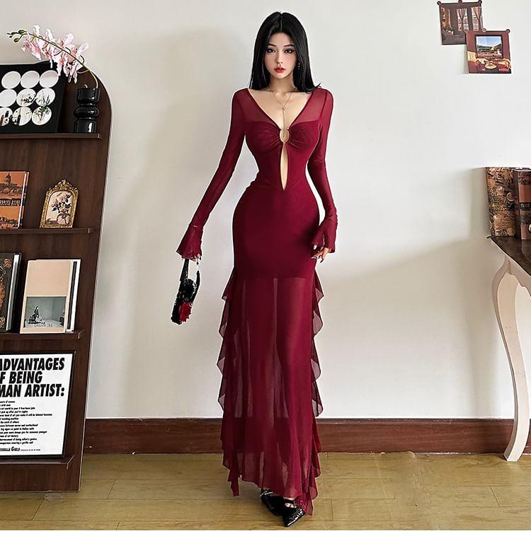 Long-Sleeve V-Neck Plain Ruffle Maxi Sheath Dress Product Image